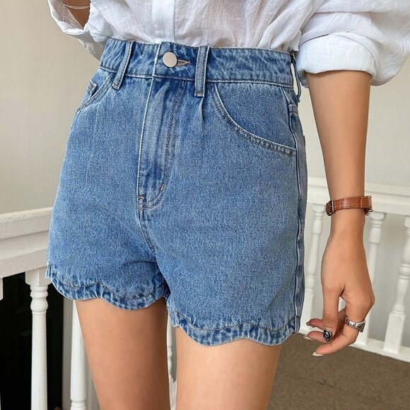 Blue Casual Womens Slant Pocket Scallop Trim Denim Shorts - Picture 5 of 5